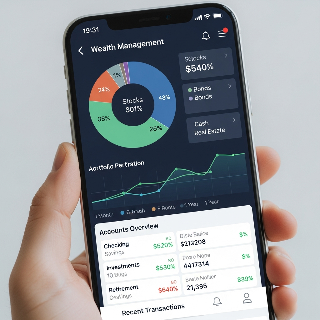 Dashboard completa di gestione patrimoniale su app bancaria